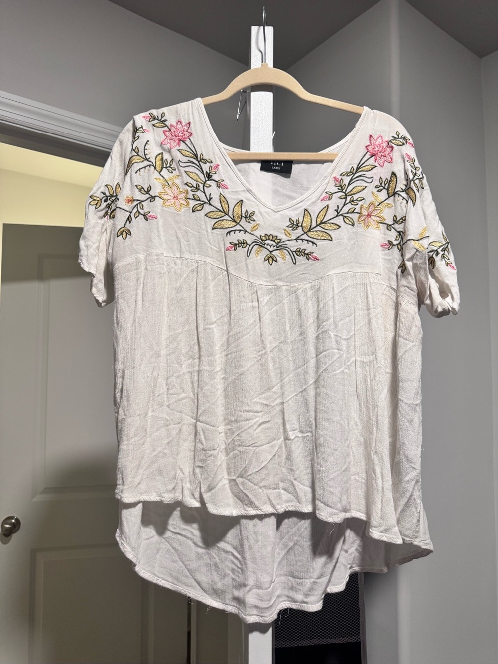 Vici White V-Neck Tunic with Pink and Yellow Floral Embroidery